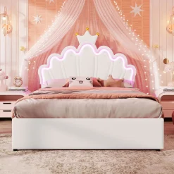 Okwish Lit double 140x200 cm - Lit enfant avec 2 rangements - PU + MDF - Sans matelas - Blanc
