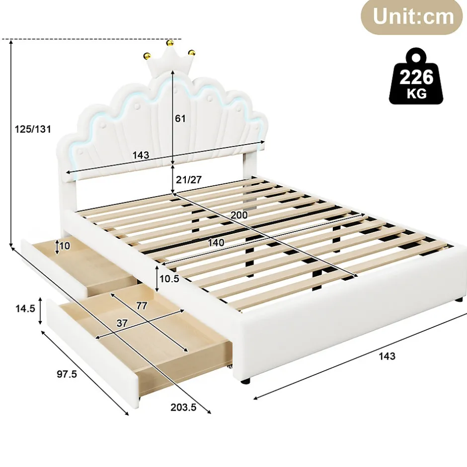 Okwish Lit double 140x200 cm - Lit enfant avec 2 rangements - PU + MDF - Sans matelas - Blanc