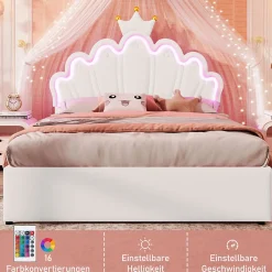 Okwish Lit double 140x200 cm - Lit enfant avec 2 rangements - PU + MDF - Sans matelas - Blanc