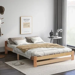 Okwish Lit Double 140x200 cm - Lit Futon Naturel en Bois Massif avec Tête de Lit - Lit Scandinave Minimaliste Adulte - Sans Matelas Outlet