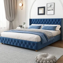 Okwish Lit Double 160x200 cm - Lit Rembourré avec Tête de Lit Capitonnée - Velours - Sans Matelas - Bleu