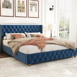 Okwish Lit Double 160x200 cm - Lit Rembourré avec Tête de Lit Capitonnée - Velours - Sans Matelas - Bleu