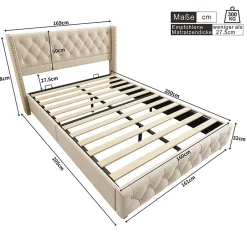 Generique Lit Double 160x200 cm - Lit Rembourré avec Tête de Lit Capitonnée - Velours - Sans Matelas - Beige New