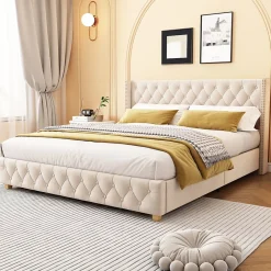 Generique Lit Double 160x200 cm - Lit Rembourré avec Tête de Lit Capitonnée - Velours - Sans Matelas - Beige New