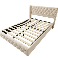 Generique Lit Double 160x200 cm - Lit Rembourré avec Tête de Lit Capitonnée - Velours - Sans Matelas - Beige New