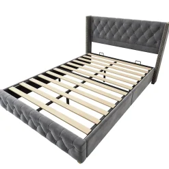 Okwish Lit Double 140x190 cm - Lit Rembourré avec Tête de Lit à Boutons et Sommier à Lattes - Velours - Sans Matelas - Gris New