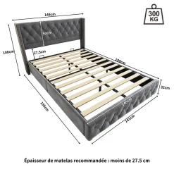 Okwish Lit Double 140x190 cm - Lit Rembourré avec Tête de Lit à Boutons et Sommier à Lattes - Velours - Sans Matelas - Gris New