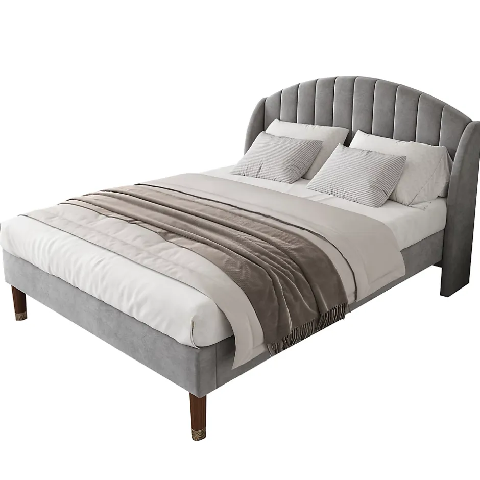 Okwish Lit Double 140x200 cm - Lit Rembourré ado - Velours - Sans Matelas - Gris Discount
