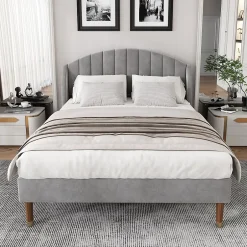 Okwish Lit Double 140x200 cm - Lit Rembourré ado - Velours - Sans Matelas - Gris Discount