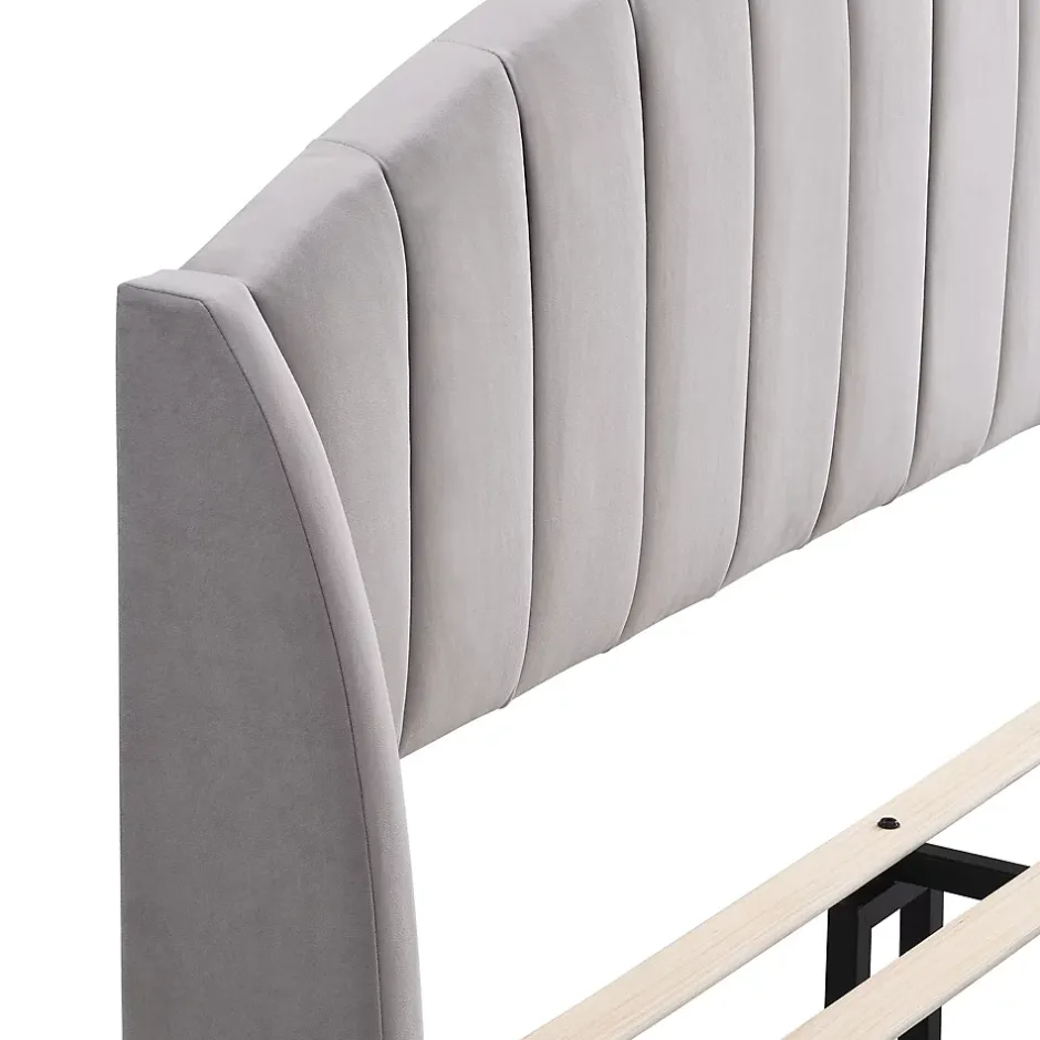 Okwish Lit Double 140x200 cm - Lit Rembourré ado - Velours - Sans Matelas - Gris Discount