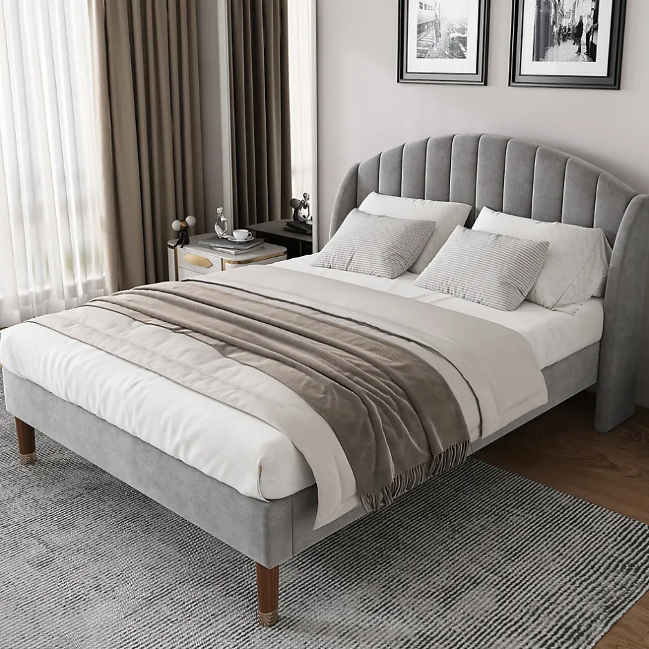 Okwish Lit Double 140x200 cm - Lit Rembourré ado - Velours - Sans Matelas - Gris Discount