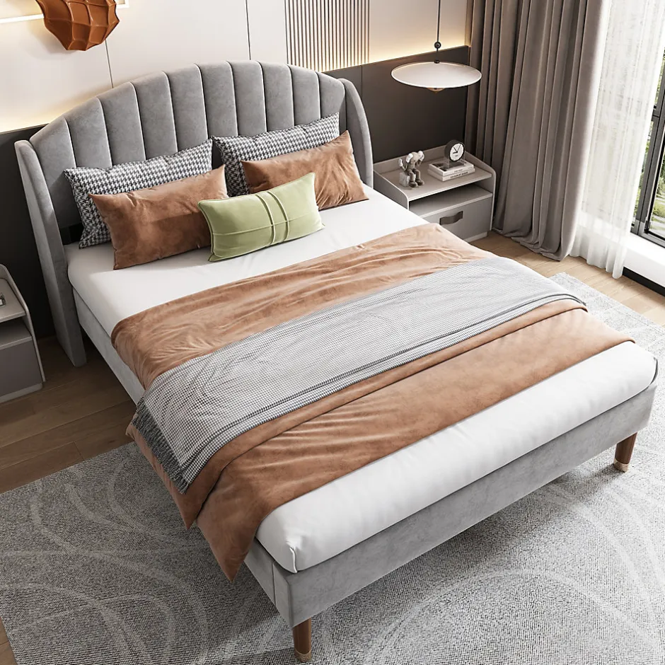 Okwish Lit Double 140x200 cm - Lit Rembourré ado - Velours - Sans Matelas - Gris Discount