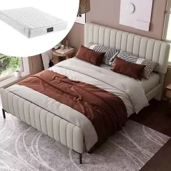 Okwish Lit double 140x200 cm - Lit rembourré avec tête de lit capitonnée - Lin - avec Matelas - Beige Sale