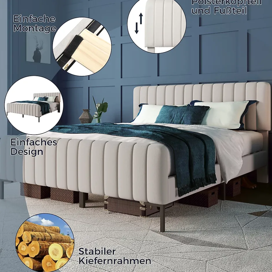 Okwish Lit double 140x200 cm - Lit rembourré avec tête de lit capitonnée - Lin - avec Matelas - Beige Sale