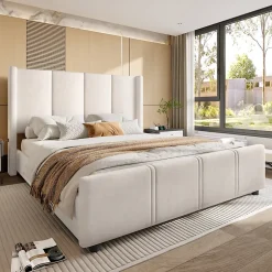 Generique Lit Double 140x200 cm - Lit Rembourré Adulte avec Tête Haute et Port USB, Velours, Sans Matelas, Beige
