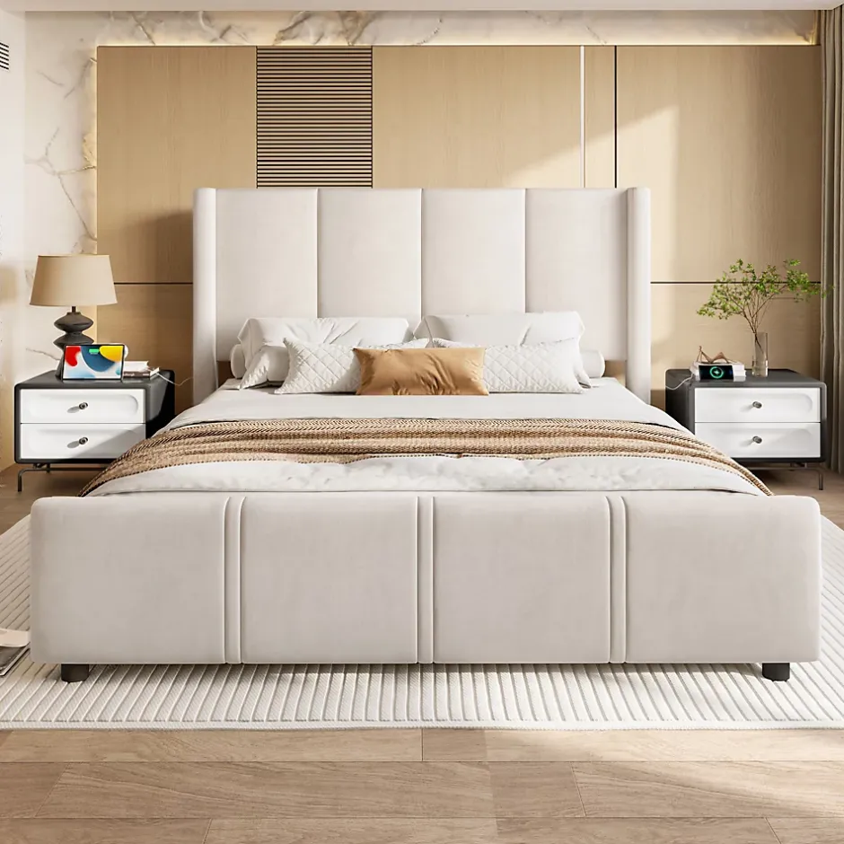 Generique Lit Double 140x200 cm - Lit Rembourré Adulte avec Tête Haute et Port USB, Velours, Sans Matelas, Beige
