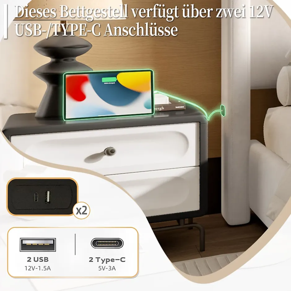Generique Lit Double 140x200 cm - Lit Rembourré Adulte avec Tête Haute et Port USB, Velours, Sans Matelas, Beige