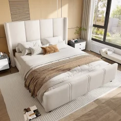 Generique Lit Double 140x200 cm - Lit Rembourré Adulte avec Tête Haute et Port USB, Velours, Sans Matelas, Beige