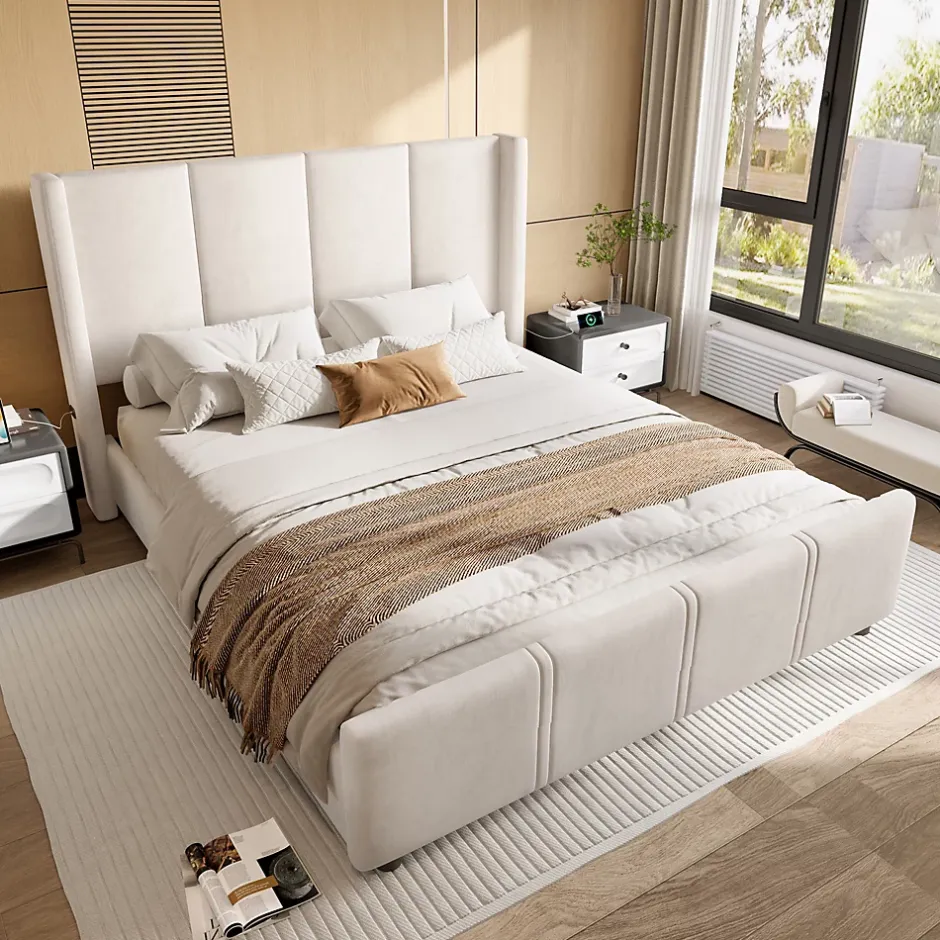 Generique Lit Double 140x200 cm - Lit Rembourré Adulte avec Tête Haute et Port USB, Velours, Sans Matelas, Beige