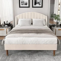 Generique Lit Double 160x200 cm - Lit Rembourré ado - Velours - Sans Matelas - Beige Outlet