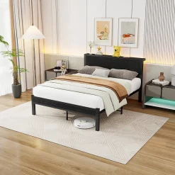 Okwish Lit Double 140x200 cm - Style Minimaliste avec Structure Métal MDF - sans Matelas - Noir