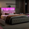 Simple Life Lit Double 160x200 Cm, 4 Tiroirs, Ports USB/type-c, Éclairage LED, Sommier à Lattes, Velours Beige.