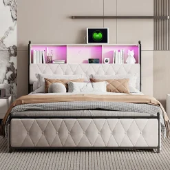 Simple Life Lit Double 160x200 Cm, 4 Tiroirs, Ports USB/type-c, Éclairage LED, Sommier à Lattes, Velours Beige.