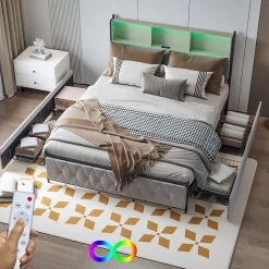 Simple Life Lit Double 160x200 Cm, 4 Tiroirs, Ports USB/type-c, Éclairage LED, Sommier à Lattes, Velours Beige.