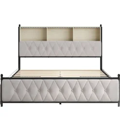 Simple Life Lit Double 160x200 Cm, 4 Tiroirs, Ports USB/type-c, Éclairage LED, Sommier à Lattes, Velours Beige.