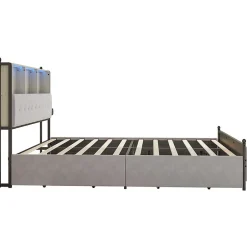Simple Life Lit Double 160x200 Cm, 4 Tiroirs, Ports USB/type-c, Éclairage LED, Sommier à Lattes, Velours Beige.
