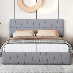 Simple Life Lit double 160x200 cm, 4 tiroirs en fer, sommier à lattes, structure en métal, tissu velours, gris