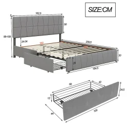 Simple Life Lit double 160x200 cm, 4 tiroirs en fer, sommier à lattes, structure en métal, tissu velours, gris