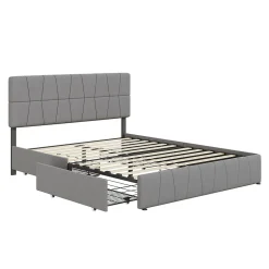 Simple Life Lit double 160x200 cm, 4 tiroirs en fer, sommier à lattes, structure en métal, tissu velours, gris