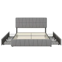 Simple Life Lit double 160x200 cm, 4 tiroirs en fer, sommier à lattes, structure en métal, tissu velours, gris