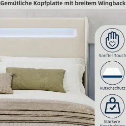 Okwish Lit Double 160x200 cm - Tête de Lit LED Intégrée et Base Basse Anti-Poussière, Lit Adulte/Ado, Velours, Beige, Sans Matelas