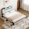 Fortuna lai Lit double, 140x190 cm, avec 4 tiroirs, lumière LED et port USB, tête de lit en velours, beige Clearance