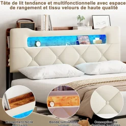 Fortuna lai Lit double, 140x190 cm, avec 4 tiroirs, lumière LED et port USB, tête de lit en velours, beige Clearance
