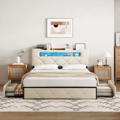 Fortuna lai Lit double, 140x190 cm, avec 4 tiroirs, lumière LED et port USB, tête de lit en velours, beige Clearance