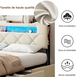 Fortuna lai Lit double, 140x190 cm, avec 4 tiroirs, lumière LED et port USB, tête de lit en velours, beige Clearance