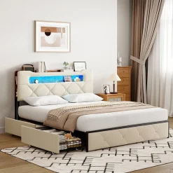 Fortuna lai Lit double, 140x190 cm, avec 4 tiroirs, lumière LED et port USB, tête de lit en velours, beige Clearance