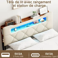 Fortuna lai Lit double, 140x190 cm, avec 4 tiroirs, lumière LED et port USB, tête de lit en velours, beige Clearance