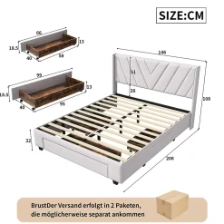 Generique Lit double 140x200 cm avec 3 tiroirs, sommier à lattes, lit queen size, linge, lit capitonné pour adulte - Beige