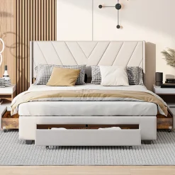 Generique Lit double 140x200 cm avec 3 tiroirs, sommier à lattes, lit queen size, linge, lit capitonné pour adulte - Beige