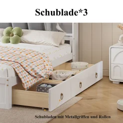 Okwish Lit Double 160x200 cm avec 3 Tiroirs Sur Roulettes, Rangement Sous Sommier, Tête de Lit avec Étagères - Pin Massif, Blanc Velours