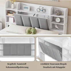 Okwish Lit Double 160x200 cm avec 3 Tiroirs Sur Roulettes, Rangement Sous Sommier, Tête de Lit avec Étagères - Pin Massif, Blanc Velours