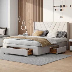 Generique Lit double 160x200 cm avec 3 tiroirs, sommier à lattes, lit queen size, linge, lit capitonné pour adulte - Beige New