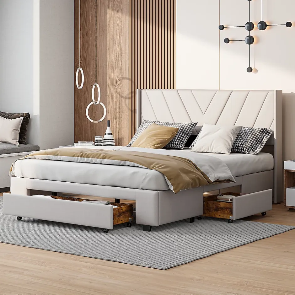 Generique Lit double 160x200 cm avec 3 tiroirs, sommier à lattes, lit queen size, linge, lit capitonné pour adulte - Beige New