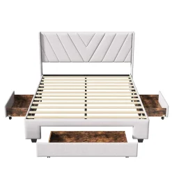 Generique Lit double 160x200 cm avec 3 tiroirs, sommier à lattes, lit queen size, linge, lit capitonné pour adulte - Beige New