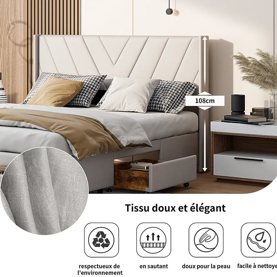Generique Lit double 160x200 cm avec 3 tiroirs, sommier à lattes, lit queen size, linge, lit capitonné pour adulte - Beige New