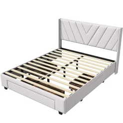 Generique Lit double 160x200 cm avec 3 tiroirs, sommier à lattes, lit queen size, linge, lit capitonné pour adulte - Beige New